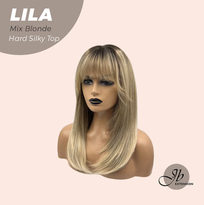 JBEXTENSION 20 Inches Scalpiana Blonde with Dark Root Wolf Cut 3.5X4 Hard Silky Top Natural Scalp Effect Wig With Bangs LILA MIX BLONDE