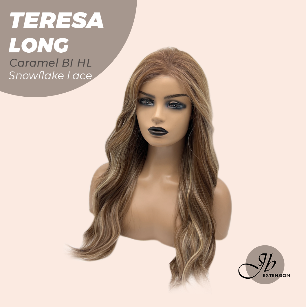 JBEXTENSION 22 Inches Long Caramel Blonde Highlight Pre-Cut Snowflake Lace Frontlace Glueless Wig TERESA LONG CARAMEL BLONDE HIGHLIGHT【PERMATEASE】【BENDY EAR TABS】- M/L