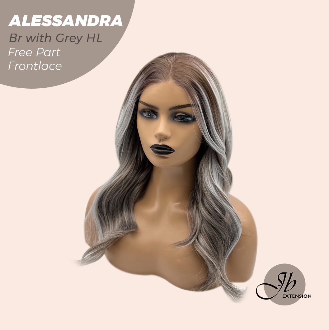 JBEXTENSION 20 Inches Brown with Grey Highlight Curly Fiber X, Tangle Less Pre-Cut Free Part Frontlace Glueless Wig ALESSANDRA GREY【FIBER X】