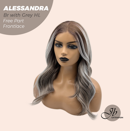 JBEXTENSION 20 Inches Brown with Grey Highlight Curly Fiber X, Tangle Less Pre-Cut Free Part Frontlace Glueless Wig ALESSANDRA GREY【FIBER X】