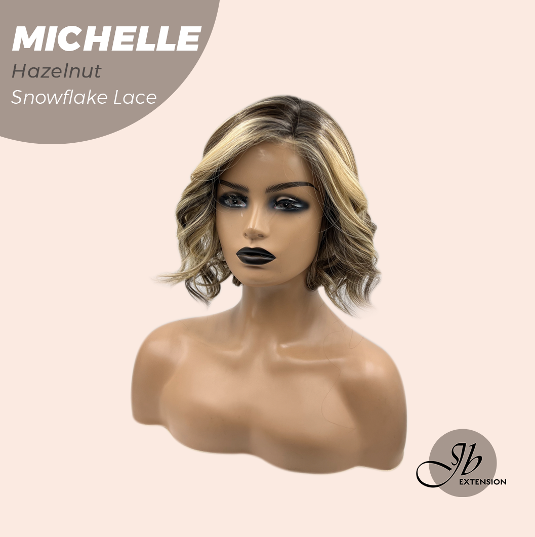 JBEXTENSION 10 Inches Hazelnut Blonde Highlight Pre-Cut Side Part Snowflake Lace Frontlace Glueless Wig MICHELLE HAZELNUT【BENDY EAR TABS】- S/M