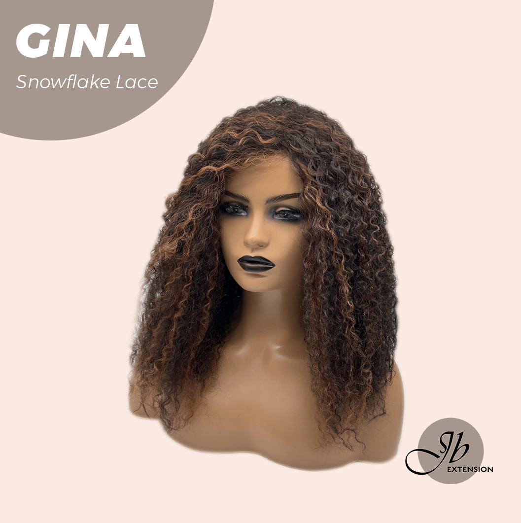 [FINAL SALE] JBEXTENSION 16 Inches Deep Curly Black with Brown Highlight Pre-Cut Snowflake Lace Frontlace Glueless Wig GINA SNOWFLAKE【PERMATEASE】【BENDY EAR TABS】