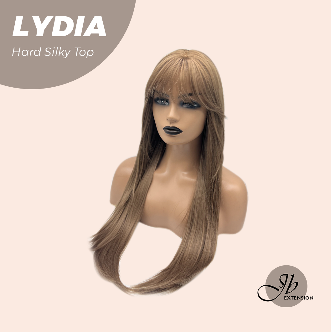 JBEXTENSION 28 Inches Scalpiana Long Wolf Cut Light Brown 3.5X4 Hard Silky Top Natural Scalp Effect Wig With Bangs LYDIA