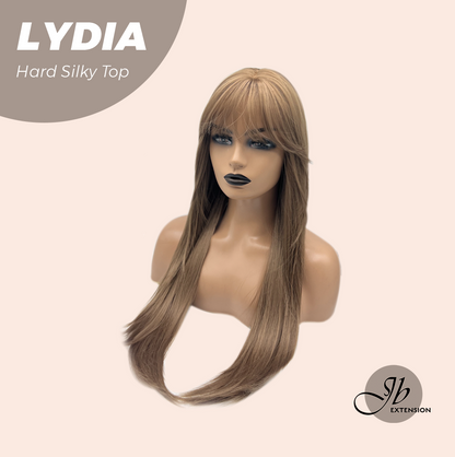 JBEXTENSION 28 Inches Scalpiana Long Wolf Cut Light Brown 3.5X4 Hard Silky Top Natural Scalp Effect Wig With Bangs LYDIA