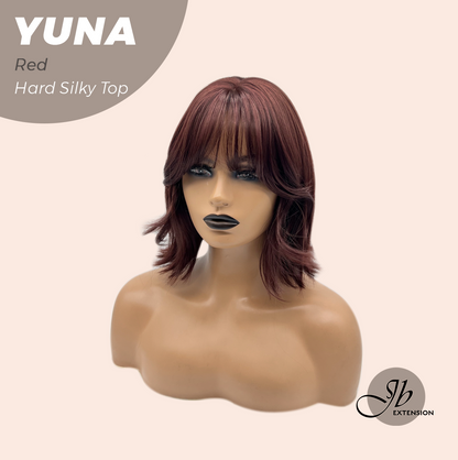 JBEXTENSION 12 Inches Scalpiana Dark Red 3.5X4 Hard Silky Top Natural Scalp Effect Women Wig With Bangs YUNA RED