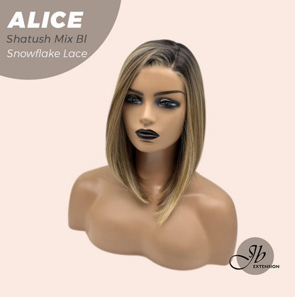 JBEXTENSION 12 Inches Shatush Mix Blonde Pre-Cut Side Part Snowflake Lace Frontlace Glueless Wig ALICE SHATUSH MIX BLONDE【BENDY EAR TABS】- S/M