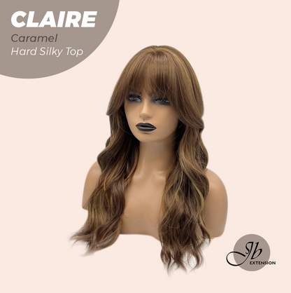 JBEXTENSION 22 Inches Scalpiana Caramel 3.5X4 Hard Silky Top Natural Scalp Effect Women Wig with Bangs CLAIRE SILKY TOP - CARAMEL