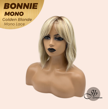 JBEXTENSION BONNIE MONO Full Monofilament Handmade Full Lace Full Hand Tied Wig 12 Inches Golden Blonde With Dark Root Mono Lace Handmade Futura Fiber Glueless Wig BONNIE MONO GOLDEN BLONDE【BENDY EAR TABS】