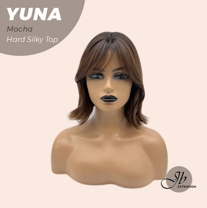 JBEXTENSION 12 Inches Scalpiana Mocha 3.5X4 Hard Silky Top Natural Scalp Effect Women Wig With Bangs YUNA MOCHA