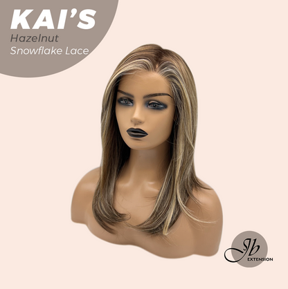 JBEXTENSION 18 Inches Hazelnut Blonde Highlight Pre-Cut Snowflake Lace Frontlace Glueless Wig KAI'S HAZELNUT【PERMATEASE】【BENDY EAR TABS】- S/M