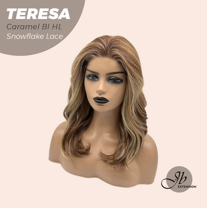 JBEXTENSION 18 Inches Caramel Blonde Highlight Pre-Cut Snowflake Lace Frontlace Glueless Wig TERESA CARAMEL BLONDE HIGHLIGHT【PERMATEASE】【BENDY EAR TABS】- M/L