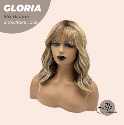 JBEXTENSION 14 Inches Curly Mix Blonde Wig with Bangs Pre-Cut Arc Snowflake Lace Frontlace Glueless Wig GLORIA MIX BLONDE【BENDY EAR TABS】