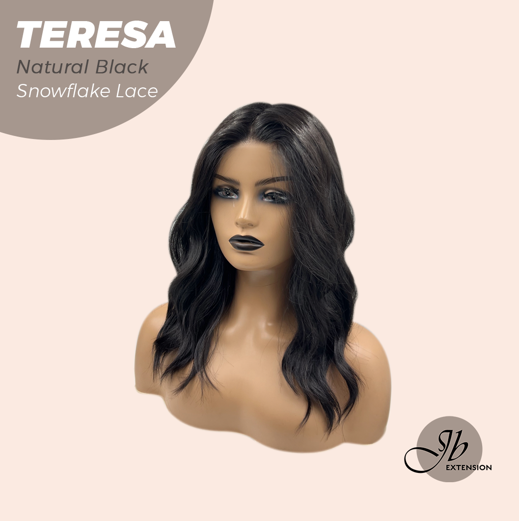 JBEXTENSION 18 Inches Natural Black Pre-Cut Snowflake Lace Frontlace Glueless Wig TERESA NATURAL BLACK【PERMATEASE】【BENDY EAR TABS】- S/M