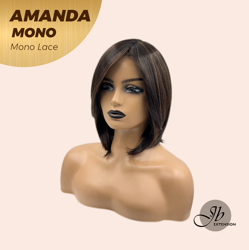 JBEXTENSION AMANDA MONO Full Monofilament Handmade Full Lace Full Hand Tied Wig 10 Inches Black With Caramel Highlight Mono Lace Handmade Futura Fiber Wig Glueless Wig AMANDA MONO【BENDY EAR TABS】