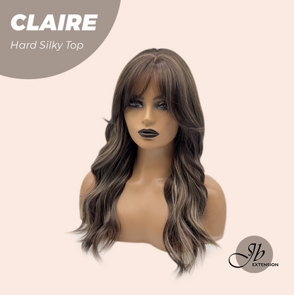 JBEXTENSION 22 Inches Scalpiana Brown with Highlight 3.5X4 Hard Silky Top Natural Scalp Effect Women Wig with Bangs CLAIRE SILKY TOP - BROWN HIGHLIGHT