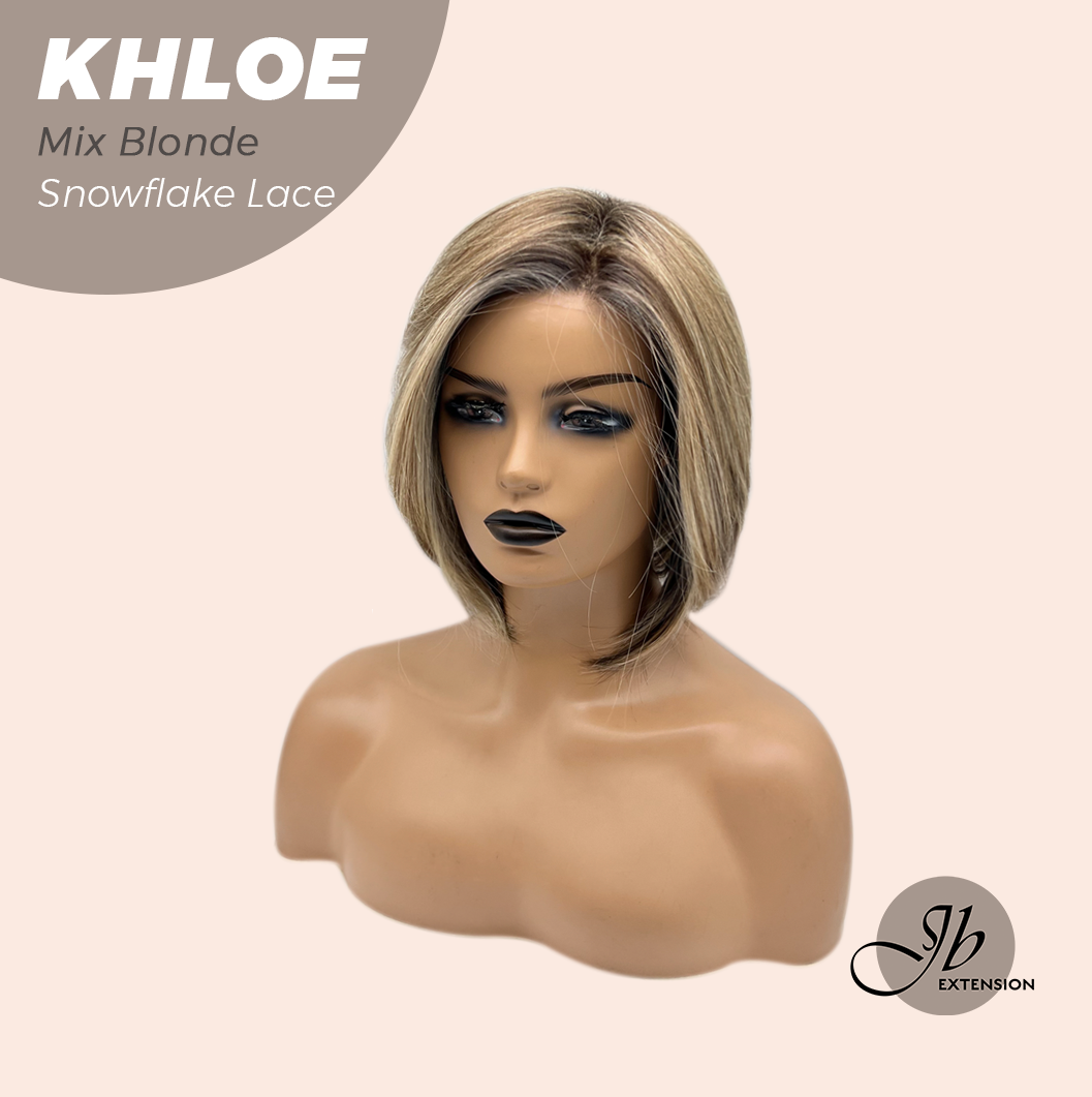 JBEXTENSION 12 Inches Bob Cut Mix Blonde Pre-Cut Snowflake Lace Frontlace Glueless Wig KHLOE MIX BLONDE【PERMATEASE】【BENDY EAR TABS】- M/L