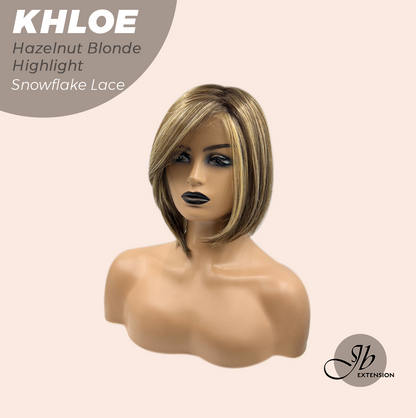 JBEXTENSION 12 Inches Bob Cut Hazelnut Blonde Highlight Pre-Cut Snowflake Lace Frontlace Glueless Wig KHLOE HAZELNUT【PERMATEASE】【BENDY EAR TABS】- S/M