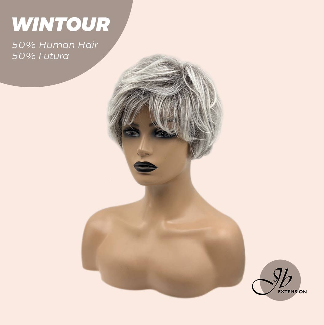 JBEXTENSION Pixie Cut Silver Half Real Human Hair Half Futura Fiber Fashion Women Wig WINTOUR