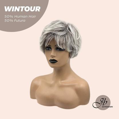 JBEXTENSION Pixie Cut Silver Half Real Human Hair Half Futura Fiber Fashion Women Wig WINTOUR