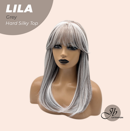 JBEXTENSION 20 Inches Scalpiana Grey Wolf Cut 3.5X4 Hard Silky Top Natural Scalp Effect Wig With Bangs LILA GREY