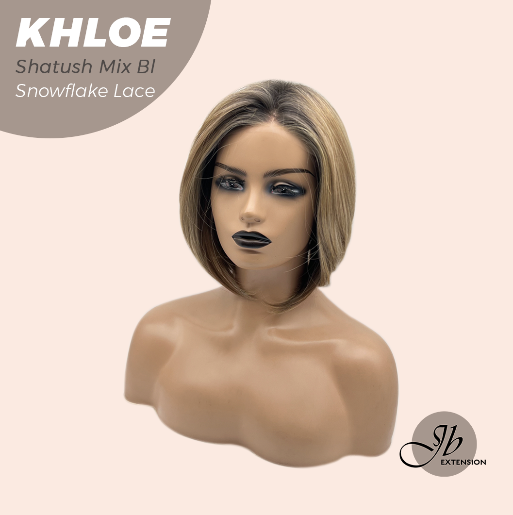 JBEXTENSION 12 Inches Bob Cut Shatush Mix Blonde Pre-Cut Snowflake Lace Frontlace Glueless Wig KHLOE SHATUSH MIX BLONDE【PERMATEASE】【BENDY EAR TABS】- M/L
