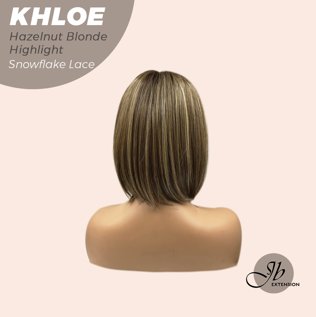 JBEXTENSION 12 Inches Bob Cut Hazelnut Blonde Highlight Pre-Cut Snowflake Lace Frontlace Glueless Wig KHLOE HAZELNUT【PERMATEASE】【BENDY EAR TABS】- M/L