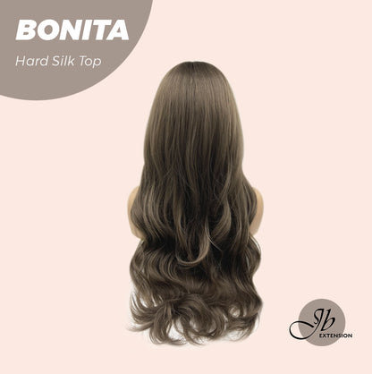 HOT OF SEASON - JBEXTENSION 26 Inches Scalpiana Brown Curly 3.5X4 Hard Silky Top Natural Scalp Effect Wig With Bangs BONITA