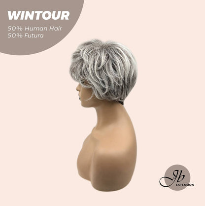 JBEXTENSION Pixie Cut Silver Half Real Human Hair Half Futura Fiber Fashion Women Wig WINTOUR