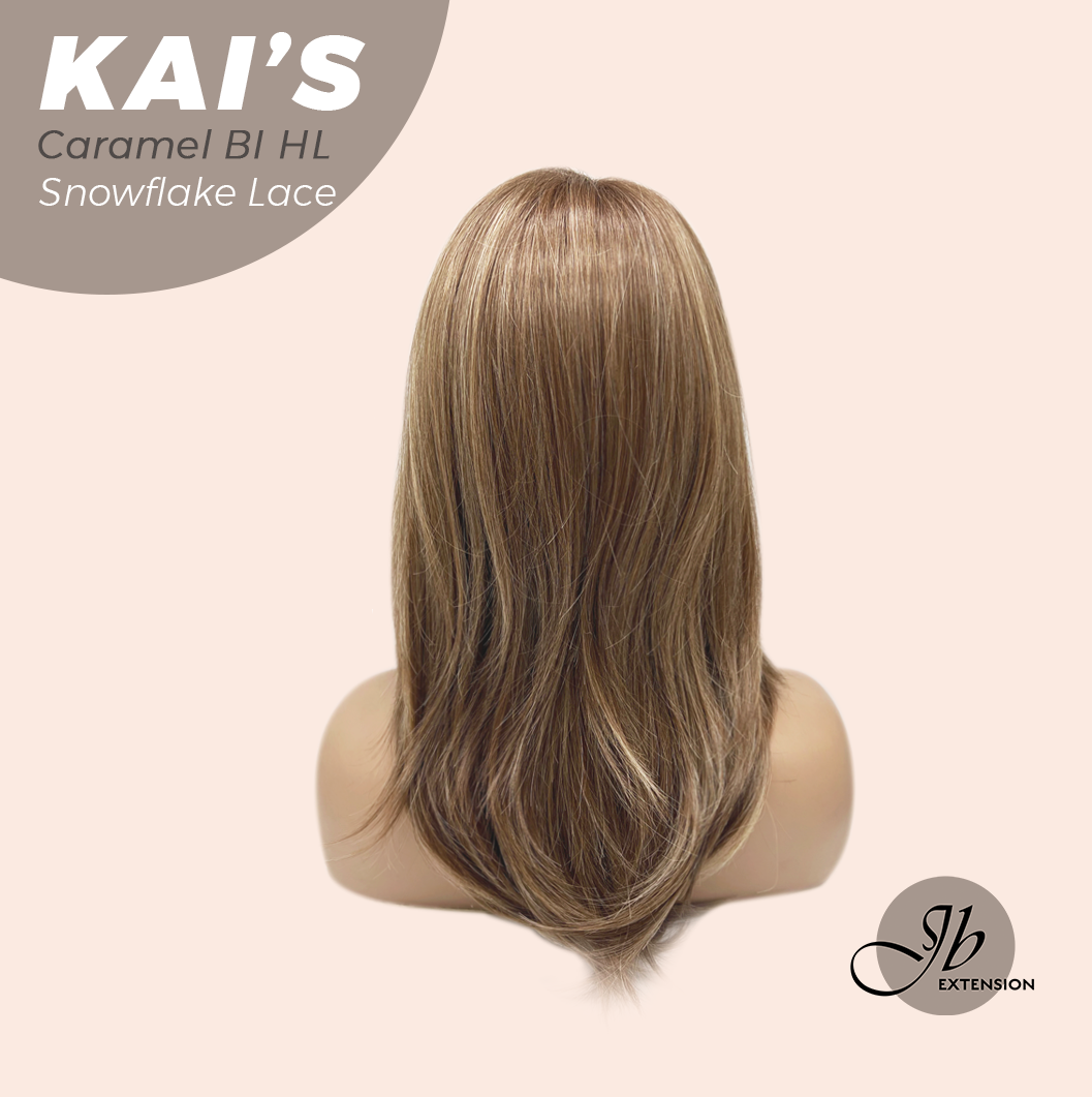 JBEXTENSION 18 Inches Caramel Blonde Highlight Pre-Cut Snowflake Lace Frontlace Glueless Wig KAI'S CARAMEL BLONDE HIGHLIGHT【PERMATEASE】【BENDY EAR TABS】- M/L