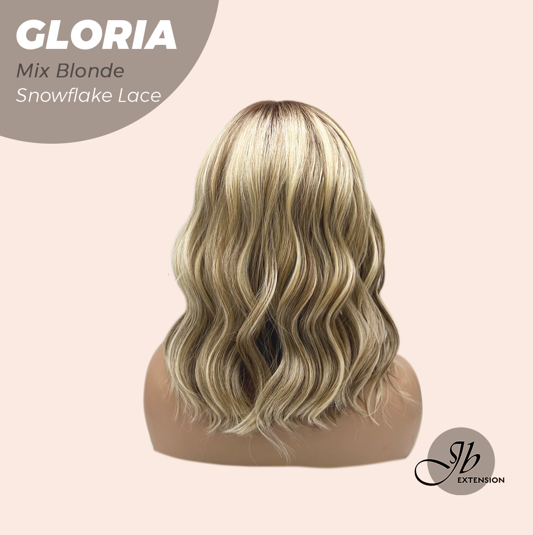 JBEXTENSION 14 Inches Curly Mix Blonde Wig with Bangs Pre-Cut Arc Snowflake Lace Frontlace Glueless Wig GLORIA MIX BLONDE【BENDY EAR TABS】