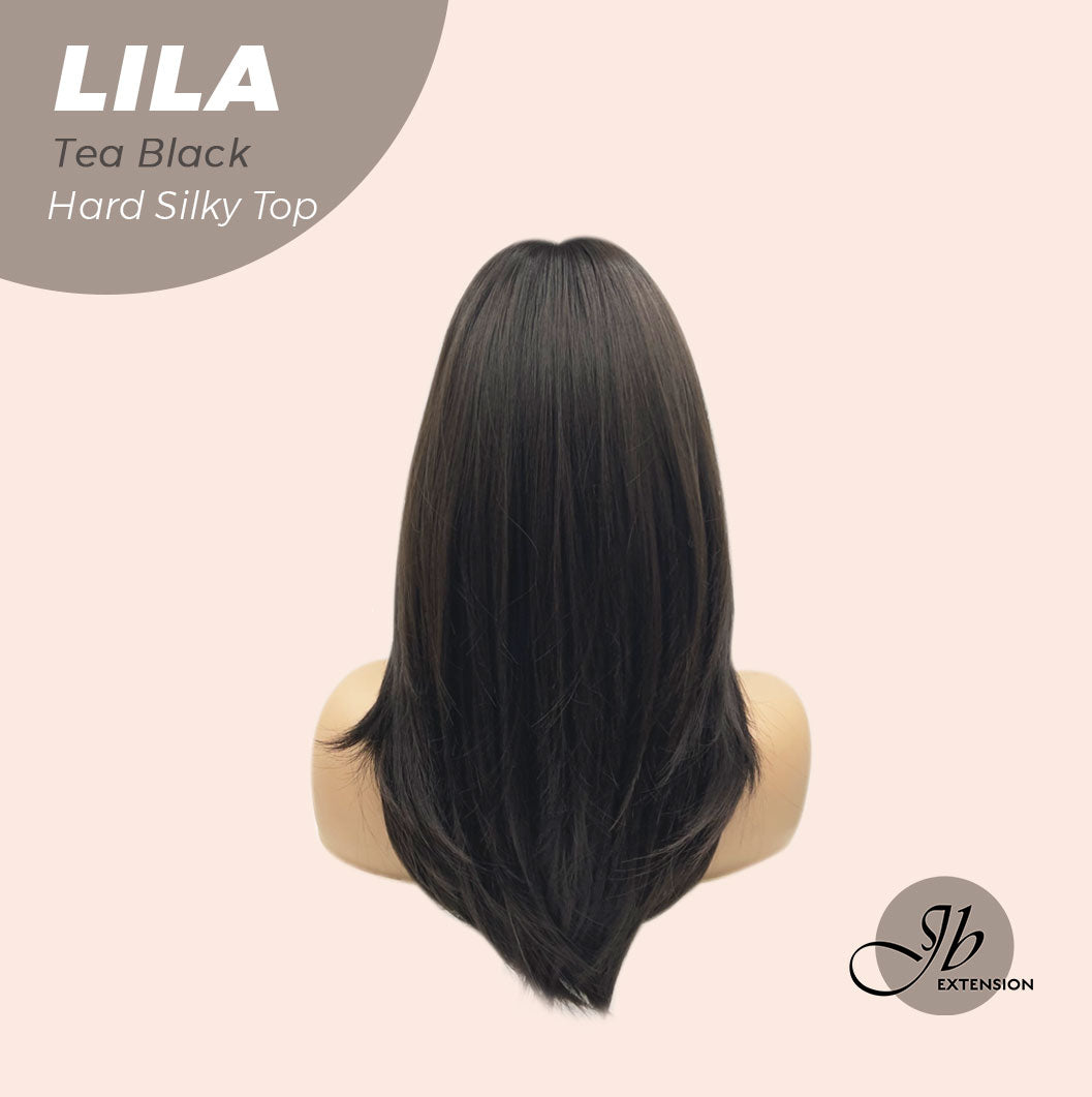 JBEXTENSION 20 Inches Scalpiana Tea Black Darkest Brown Wolf Cut 3.5X4 Hard Silky Top Natural Scalp Effect Wig With Bangs LILA TEA BLACK