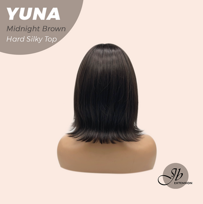 JBEXTENSION 12 Inches Scalpiana Midnight Brown( Black/Brown) 3.5X4 Hard Silky Top Natural Scalp Effect Women Wig With Bangs YUNA MIDNIGHT BROWN