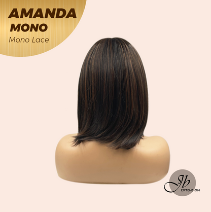 JBEXTENSION AMANDA MONO Full Monofilament Handmade Full Lace Full Hand Tied Wig 10 Inches Black With Caramel Highlight Mono Lace Handmade Futura Fiber Wig Glueless Wig AMANDA MONO【BENDY EAR TABS】