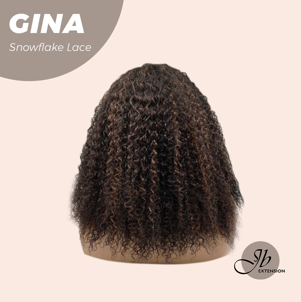 [FINAL SALE] JBEXTENSION 16 Inches Deep Curly Black with Brown Highlight Pre-Cut Snowflake Lace Frontlace Glueless Wig GINA SNOWFLAKE【PERMATEASE】【BENDY EAR TABS】