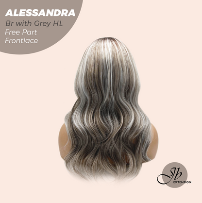 JBEXTENSION 20 Inches Brown with Grey Highlight Curly Fiber X, Tangle Less Pre-Cut Free Part Frontlace Glueless Wig ALESSANDRA GREY【FIBER X】