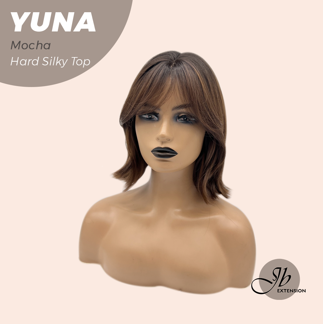 JBEXTENSION 12 Inches Scalpiana Mocha 3.5X4 Hard Silky Top Natural Scalp Effect Women Wig With Bangs YUNA MOCHA