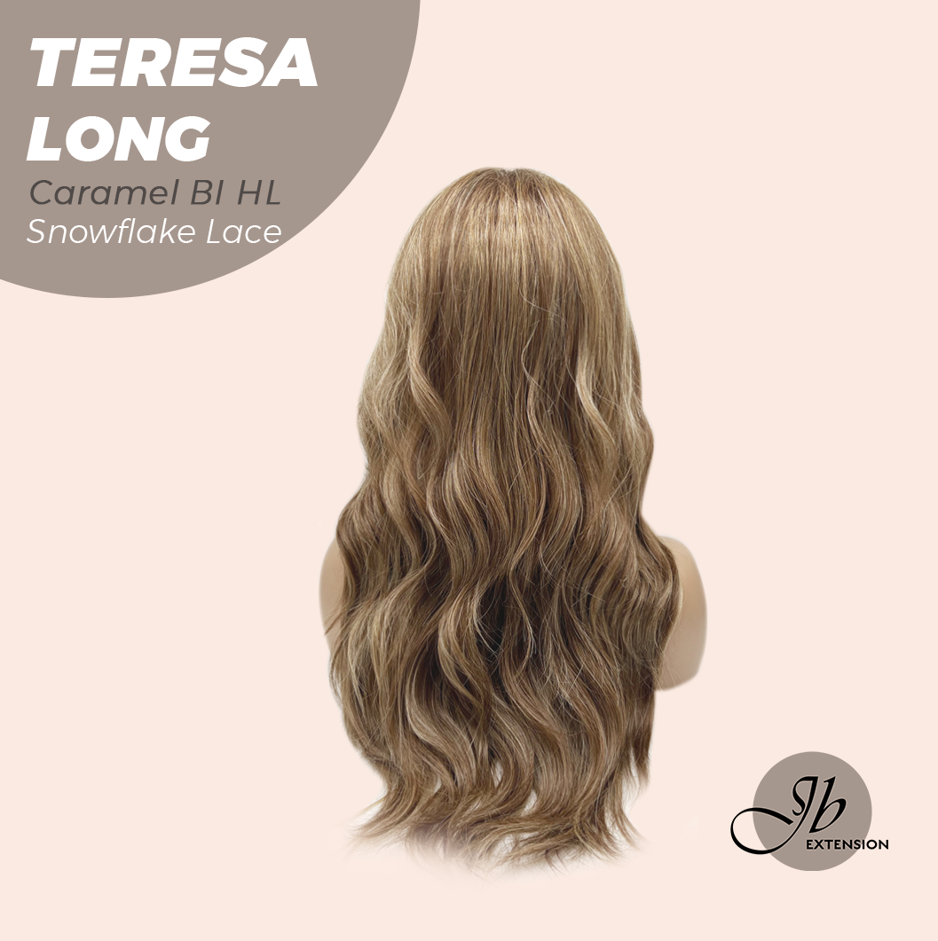 JBEXTENSION 22 Inches Long Caramel Blonde Highlight Pre-Cut Snowflake Lace Frontlace Glueless Wig TERESA LONG CARAMEL BLONDE HIGHLIGHT【PERMATEASE】【BENDY EAR TABS】- M/L