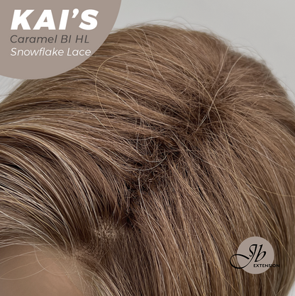 JBEXTENSION 18 Inches Caramel Blonde Highlight Pre-Cut Snowflake Lace Frontlace Glueless Wig KAI'S CARAMEL BLONDE HIGHLIGHT【PERMATEASE】【BENDY EAR TABS】- M/L