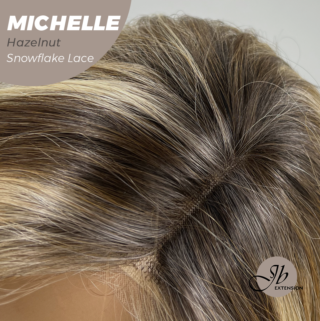 JBEXTENSION 10 Inches Hazelnut Blonde Highlight Pre-Cut Side Part Snowflake Lace Frontlace Glueless Wig MICHELLE HAZELNUT【BENDY EAR TABS】- M/L