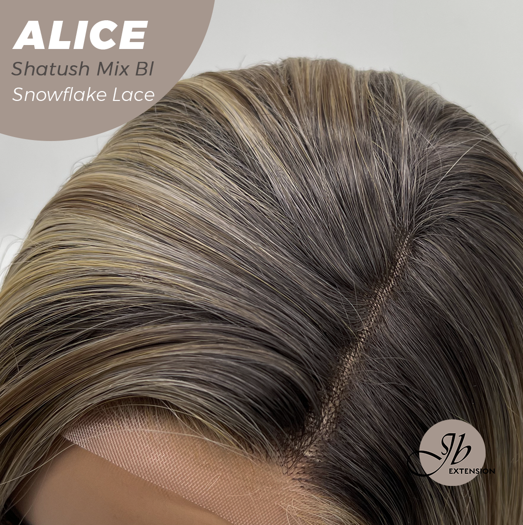 JBEXTENSION 12 Inches Shatush Mix Blonde Pre-Cut Side Part Snowflake Lace Frontlace Glueless Wig ALICE SHATUSH MIX BLONDE【BENDY EAR TABS】- S/M