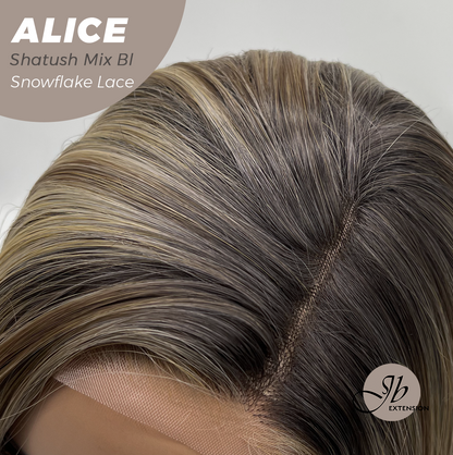 JBEXTENSION 12 Inches Shatush Mix Blonde Pre-Cut Side Part Snowflake Lace Frontlace Glueless Wig ALICE SHATUSH MIX BLONDE【BENDY EAR TABS】- S/M