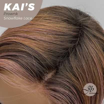 JBEXTENSION 18 Inches Brown with Pink Highlight Pre-Cut Snowflake Lace Frontlace Glueless Wig KAI'S PROWNK【PERMATEASE】【BENDY EAR TABS】- M/L