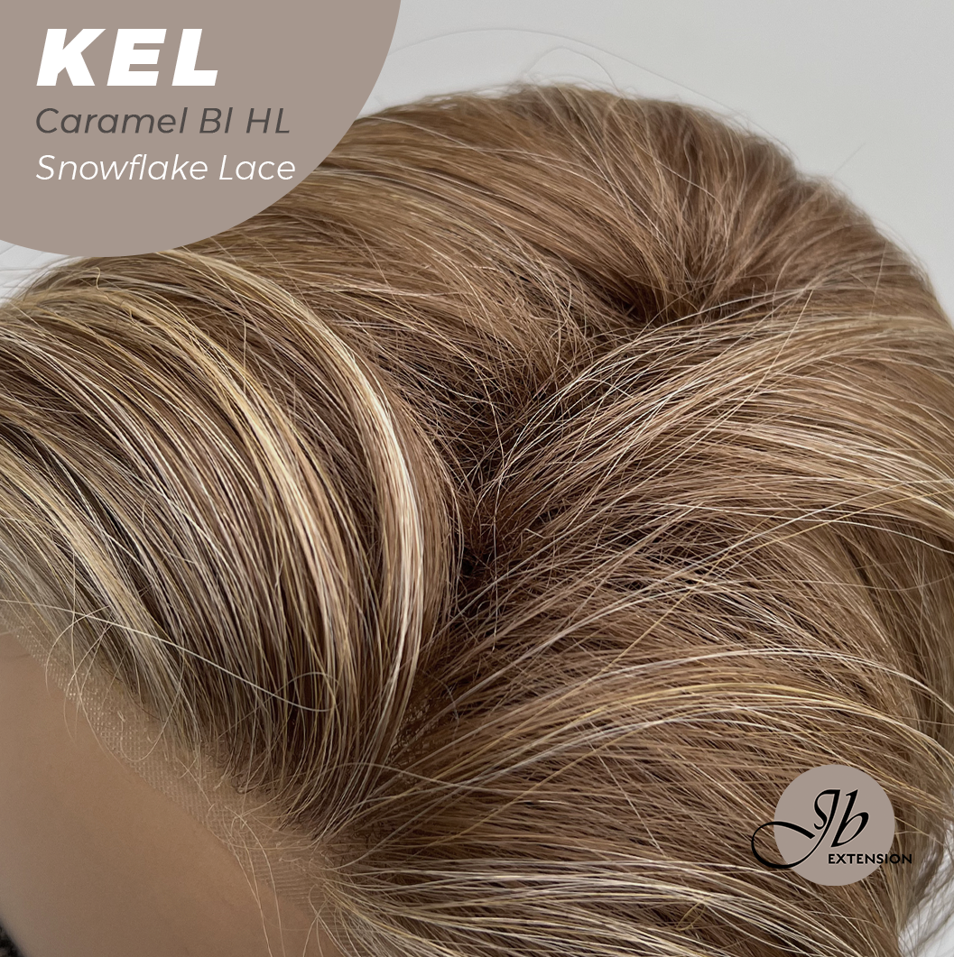 JBEXTENSION 22 Inches Caramel Blonde Highlight Pre-Cut Snowflake Lace Frontlace Glueless Wig KEL CARAMEL BLONDE HIGHLIGHT【PERMATEASE】【BENDY EAR TABS】- M/L
