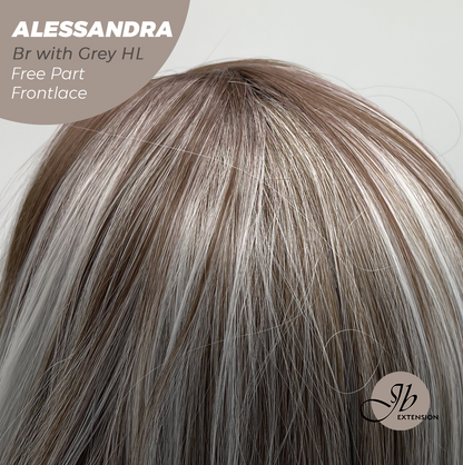 JBEXTENSION 20 Inches Brown with Grey Highlight Curly Fiber X, Tangle Less Pre-Cut Free Part Frontlace Glueless Wig ALESSANDRA GREY【FIBER X】