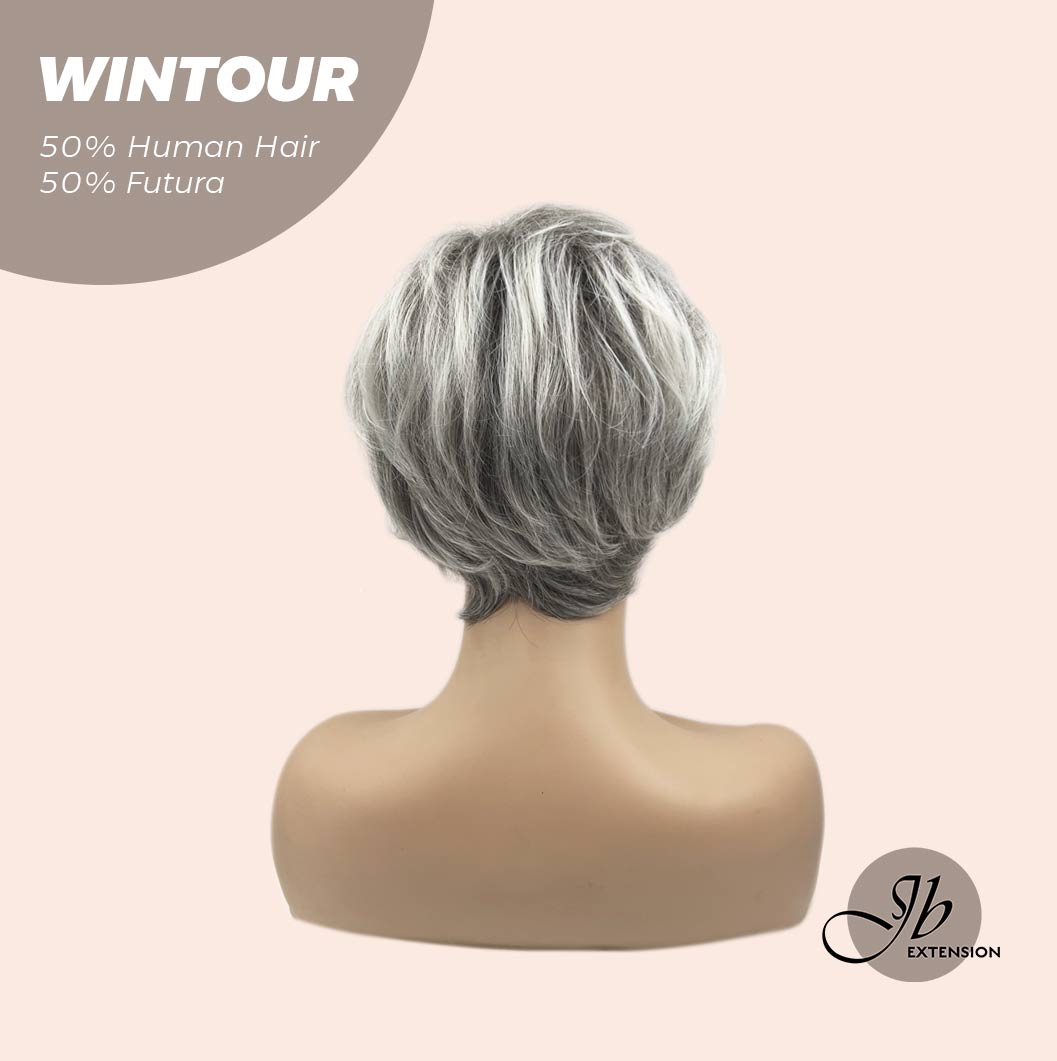JBEXTENSION Pixie Cut Silver Half Real Human Hair Half Futura Fiber Fashion Women Wig WINTOUR