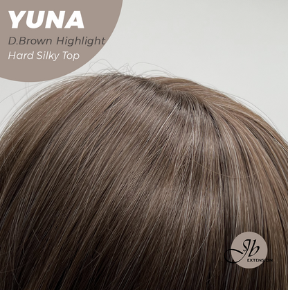 JBEXTENSION 12 Inches Scalpiana Dark Brown with Highlight 3.5X4 Hard Silky Top Natural Scalp Effect Women Wig With Bangs YUNA DARK BROWN HIGHLIGHT