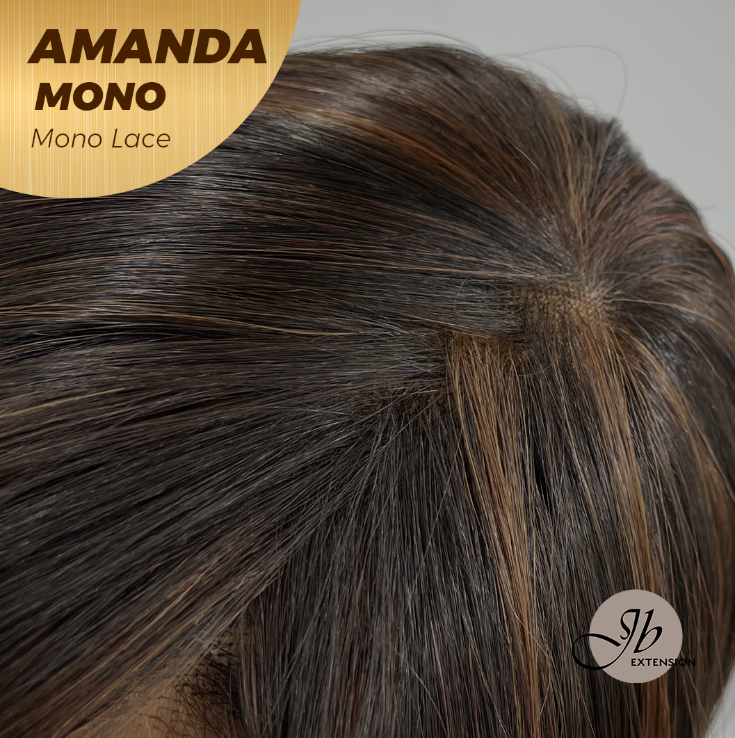 JBEXTENSION AMANDA MONO Full Monofilament Handmade Full Lace Full Hand Tied Wig 10 Inches Black With Caramel Highlight Mono Lace Handmade Futura Fiber Wig Glueless Wig AMANDA MONO【BENDY EAR TABS】