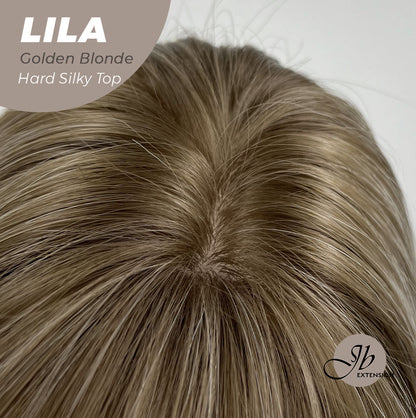 JBEXTENSION 20 Inches Scalpiana Blonde with Dark Root Wolf Cut 3.5X4 Hard Silky Top Natural Scalp Effect Wig With Bangs LILA GOLDEN BLONDE