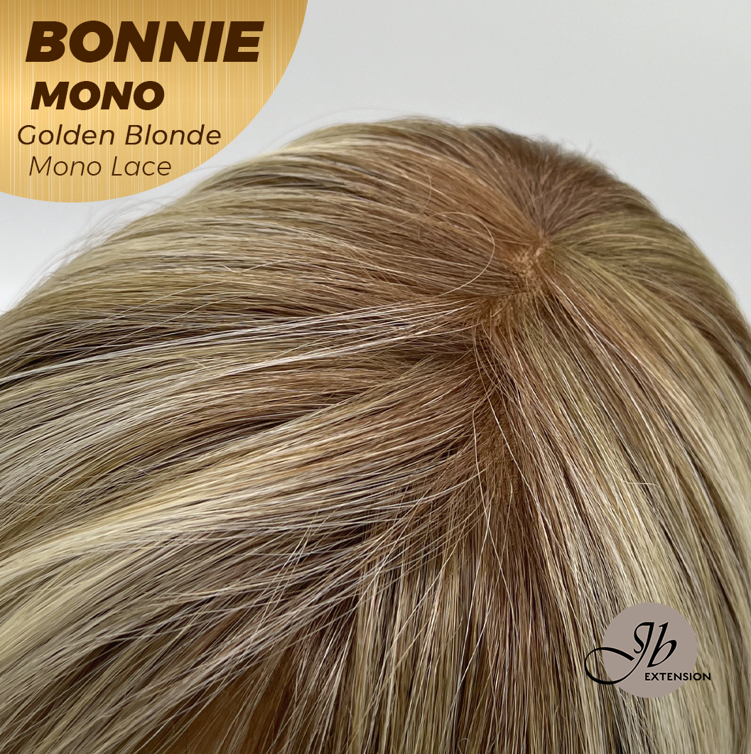 HOT OF SEASON - BONNIE MONO Full Monofilament Handmade Full Lace Full Hand Tied Wig 12 Inches Golden Blonde With Dark Root Mono Lace Handmade Futura Fiber Glueless Wig BONNIE MONO GOLDEN BLONDE【BENDY EAR TABS】