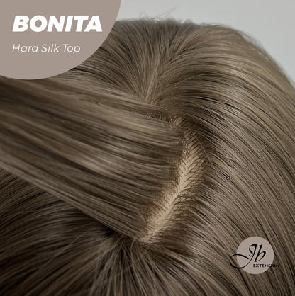 HOT OF SEASON - JBEXTENSION 26 Inches Scalpiana Brown Curly 3.5X4 Hard Silky Top Natural Scalp Effect Wig With Bangs BONITA
